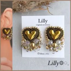 #985 大ぶりピアス/アンティーク/ゴールド/ハート/ビーズ刺繍/ハンドメイド