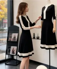 ニットワンピース 膝丈 レディース リボンワンピース プリーツワンピース