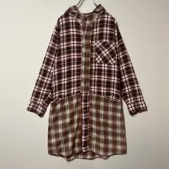 フード付き 2way ロングシャツ チェック フーディー シャツワンピース 綿