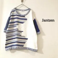 Jantzen 半袖ニット　幾何学柄　トップス　ブルー×ホワイト　コットン　Lのサムネイル