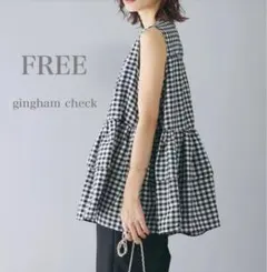 ペプラムブラウス　ノースリーブ　ギンガムチェック　ダブルフリル　チュニック　海外