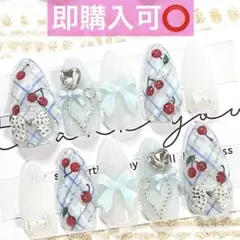 ネイルチップ現品オーダー量産型フレンチガーリーさくらんぼチェックワンホン白水色青