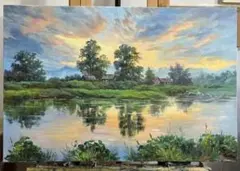 風景画 油彩画 川と田舎の風景
