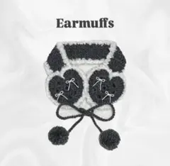 編み物　イヤーマフ　ハート型　耳当て　ハンドメイド　グレー　白　リボン