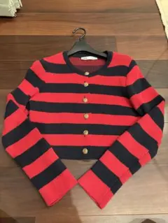 ZARA 赤と紺のストライプ クロップカーディガン