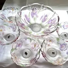 【未使用】曽我ガラス お花セット（大鉢×1、小鉢5点）/レトロ品のサムネイル