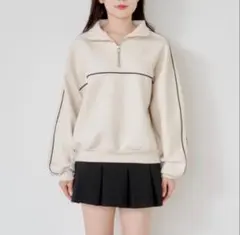 chico パイピング刺繍ハーフジップスウェット