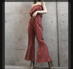 juemi 赤いストラップレスフレアサロペット