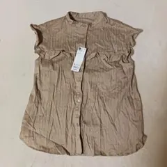 新品GU ベージュ ストライプ　フレンチスリーブ 半袖フリルシャツ M