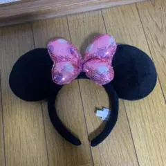 ミニーマウス風スパンコールカチューシャ　ピンク水玉リボン