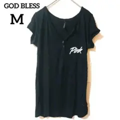 GOD BLESS ボタン付き ブラック Tシャツ M スリム シンプル