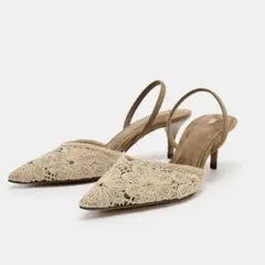 ZARA新作　刺繍入り　レース編みベージュハイヒール