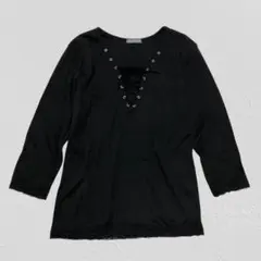 SKY BOMBER♡編み上げデザイン裾レーストップス　7分袖　ブラック　L