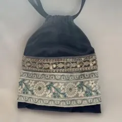 【リメイク】インド刺繍リボンのベロア風巾着袋 81