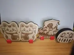 木製 招き猫と七福神の置物