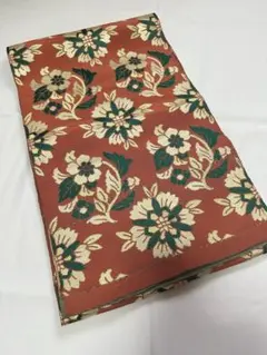 袋帯 花柄 唐草 緑 生成 橙 朱色 着物