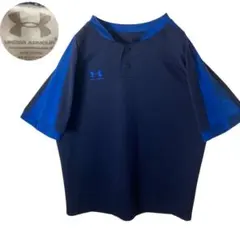 アンダーアーマーブルー×ネイビーサーマル生地ヘンリーネックT刺繍ロゴゆったり