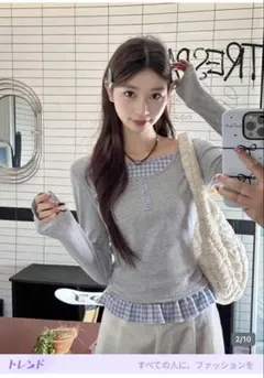 チェック柄パッチワーク　ボタンエンベリッシュ　長袖Tシャツ グレー M