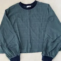 しまむら Helm 綿 長袖 パフスリーブボーダーシャツ グリーンネイビー