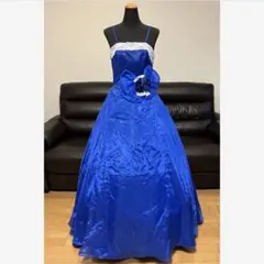 美品カラードレス 青色 袖付 サテン ロングドレス9号11号