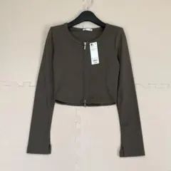 【未使用品】GU リブ ダブルジップ カーディガンQ クロップド オリーブ S