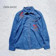 ザラベーシック ダンガリーシャツ 長袖 薔薇 刺繍 カジュアル ブルー M