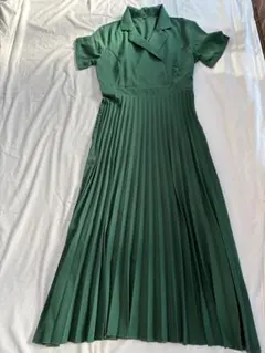 SHEIN 襟付きプリーツロングワンピース 半袖 グリーン M