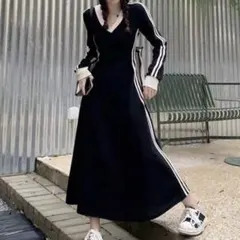 新品 韓国 レディース サイドライン マキシ丈 ワンピース ブラック 26