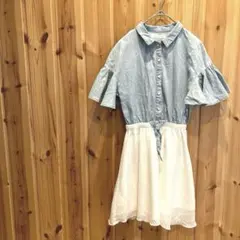 【ザショップティーケー】キッズ服　140 ワンピース　半袖　袖フレア　異素材のサムネイル