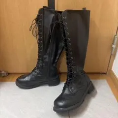 ロングブーツ 24cm ブラック レースアップロングブーツ 韓国 モード