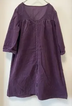 コーデュロイワンピース 紫 Aライン 七分袖 M相当 体型カバー