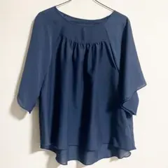 美品★ネイビー シフォン 五・七分袖 トップス ブラウス シアーシャツ
