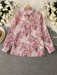 花柄シャツ　M　ブラウス　シアーシャツ　シースルー　シフォン　ピンク　長袖