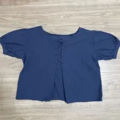 ネイビー レースアップ クロップド丈シャツ