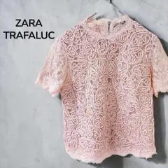 【ザラZARA】立体コード刺繍総レース半袖ブラウス　大人女子　ピンク　Sのサムネイル