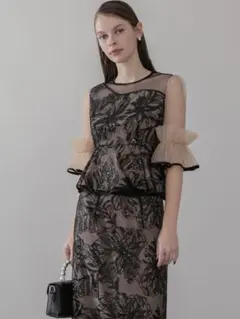 アシンメトリーシアーフラワースパンコールフリルチュール セットアップドレス結婚式