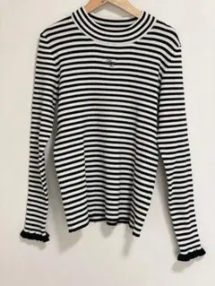 【美品】メゾピアノジュニア LL(165)長袖リブニット 白黒ボーダー フリル袖