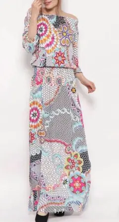 ☆Desigual☆カラフルオフショルダーロングワンピース☆美品４６☆