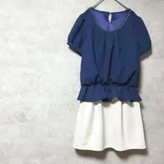 チュニック　大きいサイズ　ウエストゴム　体型カバー　紺　白　バイカラー　半袖　夏