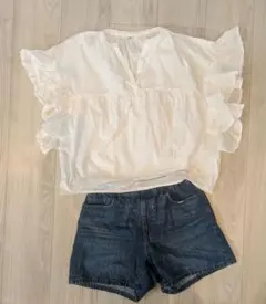 ホワイトフリルシャツとデニムショートパンツセット150