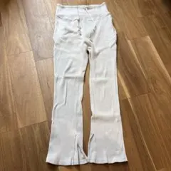 マタニティ パンツ リブ ワイド フレア スリット 産前産後兼用