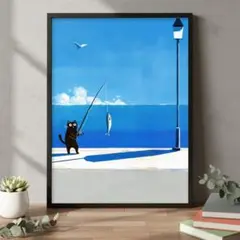 A4 海で釣りをする黒猫のポスター　北欧　インテリア　モダン