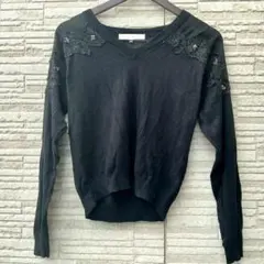 マーキュリーデュオ 長袖ニット Vネック 透け感 レース 黒 F