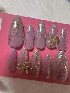 パープルラメリボンネイルチップ10個セット