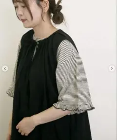 SM2 サマンサモスモス シアーボーダー袖口フリルTシャツ ブラック