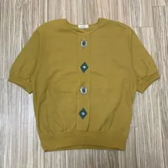レトロ ボタン付き 半袖ニット トップス マスタード ニットプルオーバー 古着風