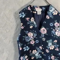 TALBOTS ベスト　花柄　フルボタン　Vネック　ギャザー　薄手　古着　VT2