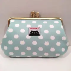 大きいがま口ポーチ（ぽってり型）　ねこたま生地　ライム　ハンドメイド