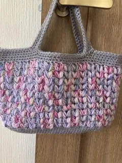 ハンドメイド　毛糸手編みトートバッグ グレー・ピンク系