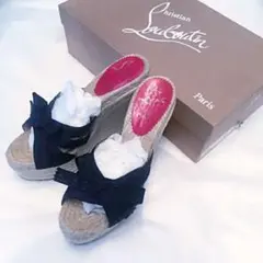 レア極美品 クリスチャンルブタン 黒 リボン サンダル ウェッジソール ミュール